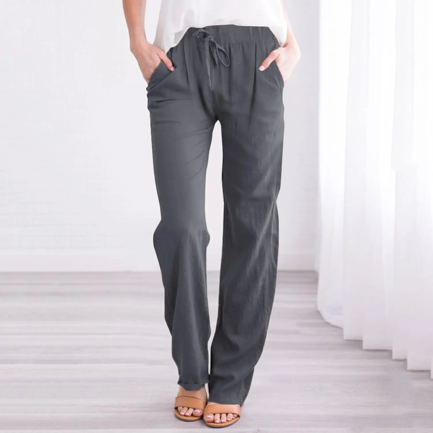 Women's Casual Pants Solid Cotton Drawstring Elastic High Waist Lightweight Joggers with Pockets 2025 Fit Summer