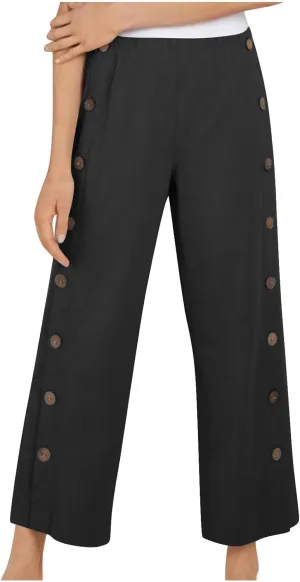 Womens Casual Straight Pants Loose Elastic Waist Capris Pant Summer Buttons Print Slacks Joggers Trousers with Pockets