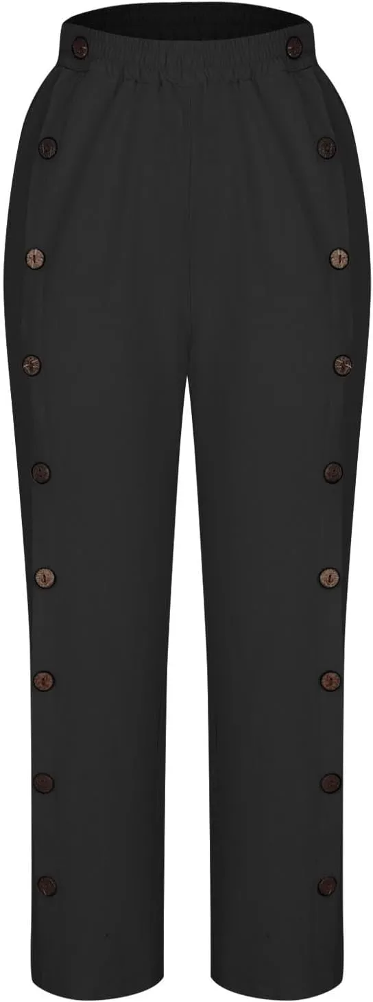 Womens Casual Straight Pants Loose Elastic Waist Capris Pant Summer Buttons Print Slacks Joggers Trousers with Pockets