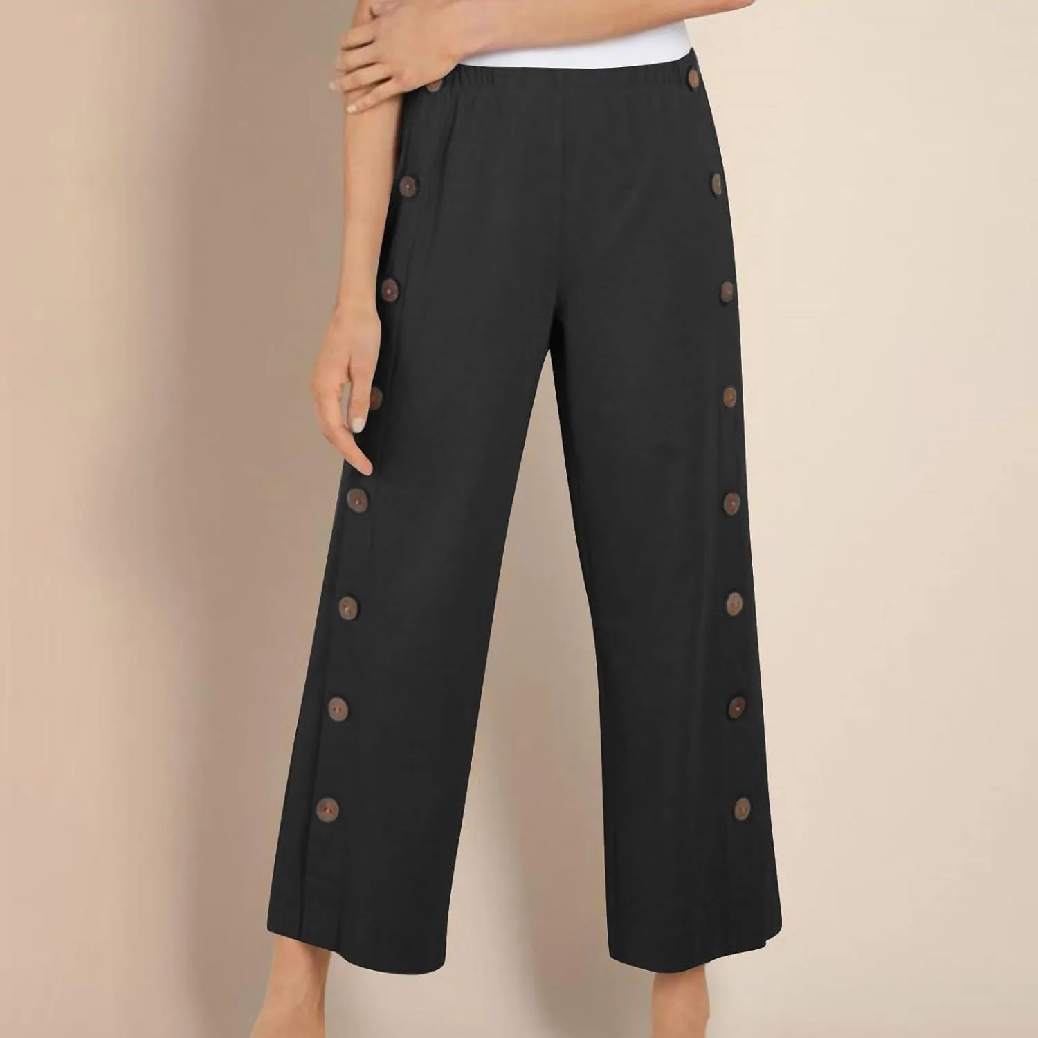 Womens Casual Straight Pants Loose Elastic Waist Capris Pant Summer Buttons Print Slacks Joggers Trousers with Pockets