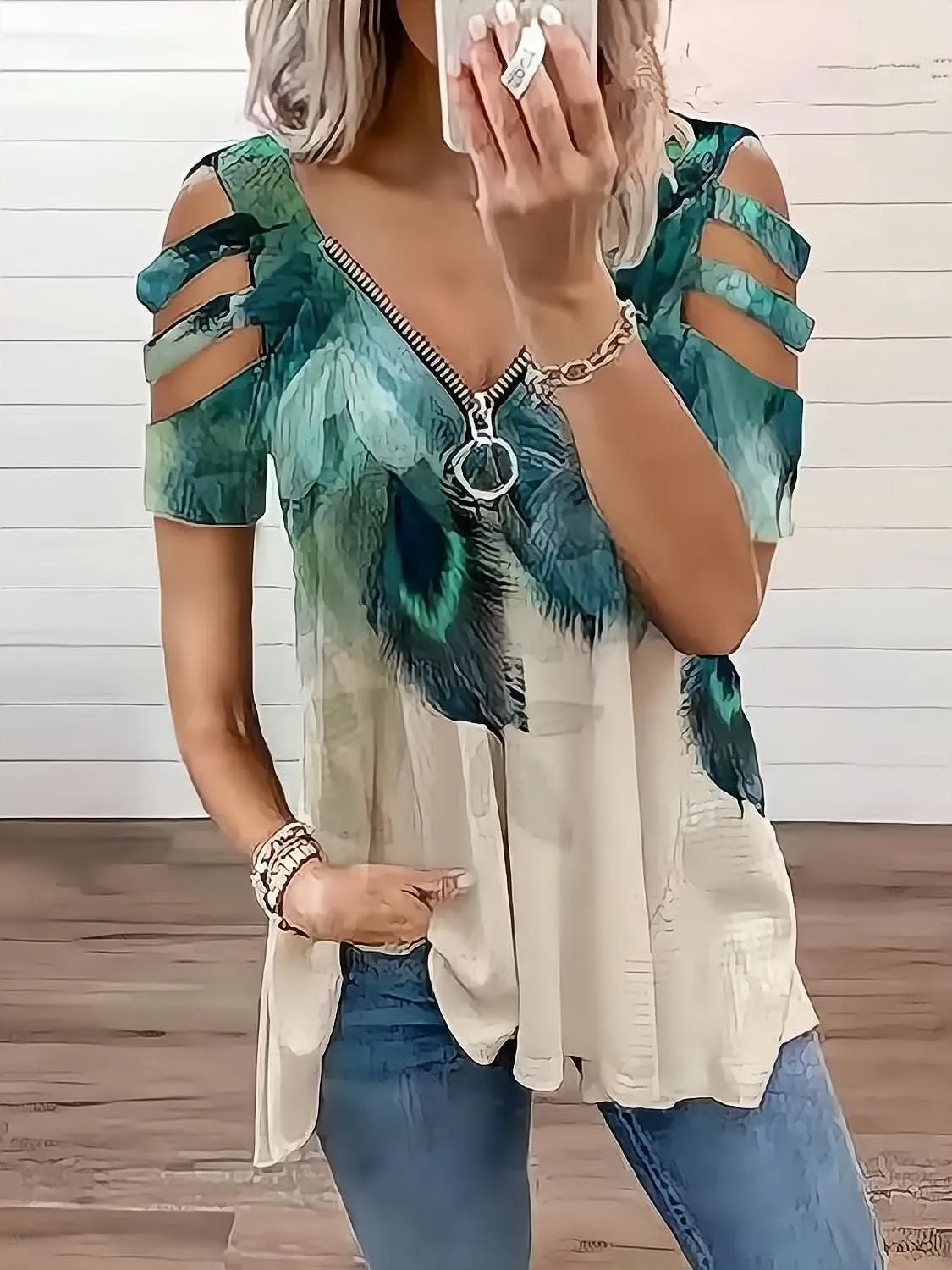 Women's Cold Shoulder Tops Tee Sexy Summer V Neck Loose T Shirts Casual Short Sleeves Zipper Floral Print Blouse