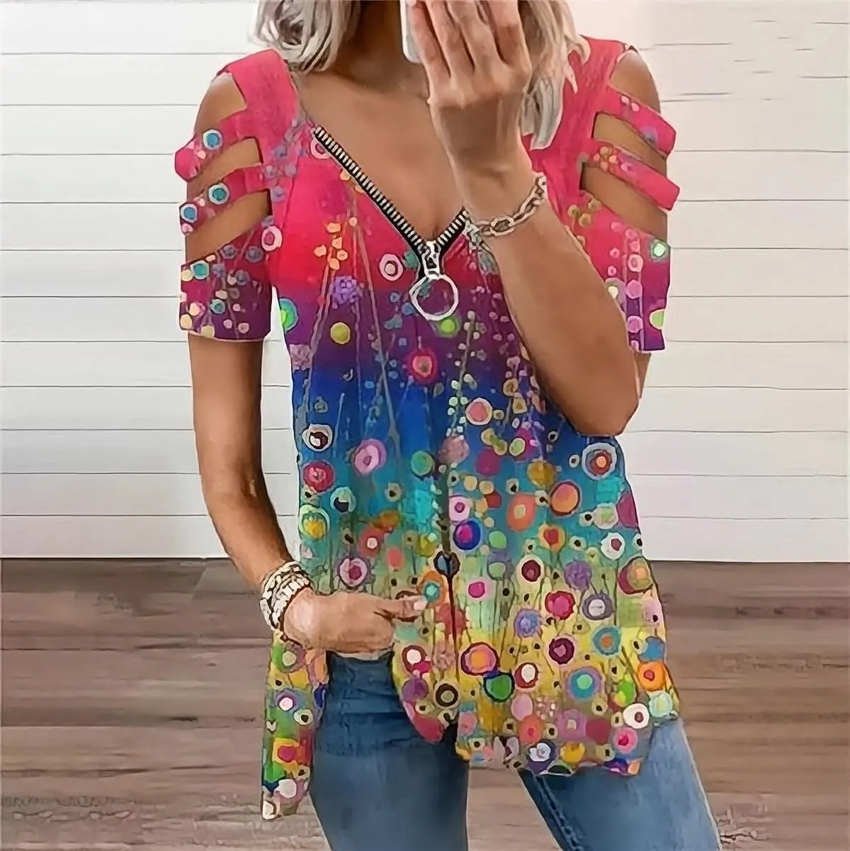 Women's Cold Shoulder Tops Tee Sexy Summer V Neck Loose T Shirts Casual Short Sleeves Zipper Floral Print Blouse