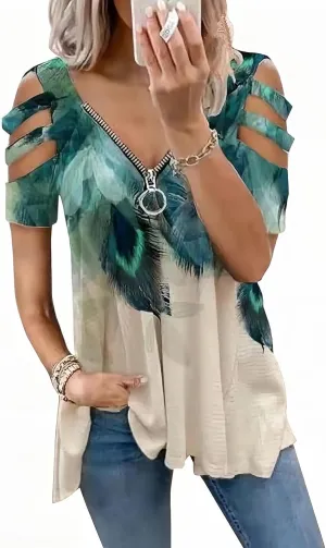 Women's Cold Shoulder Tops Tee Sexy Summer V Neck Loose T Shirts Casual Short Sleeves Zipper Floral Print Blouse
