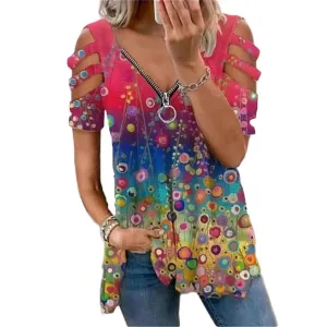 Women's Cold Shoulder Tops Tee Sexy Summer V Neck Loose T Shirts Casual Short Sleeves Zipper Floral Print Blouse