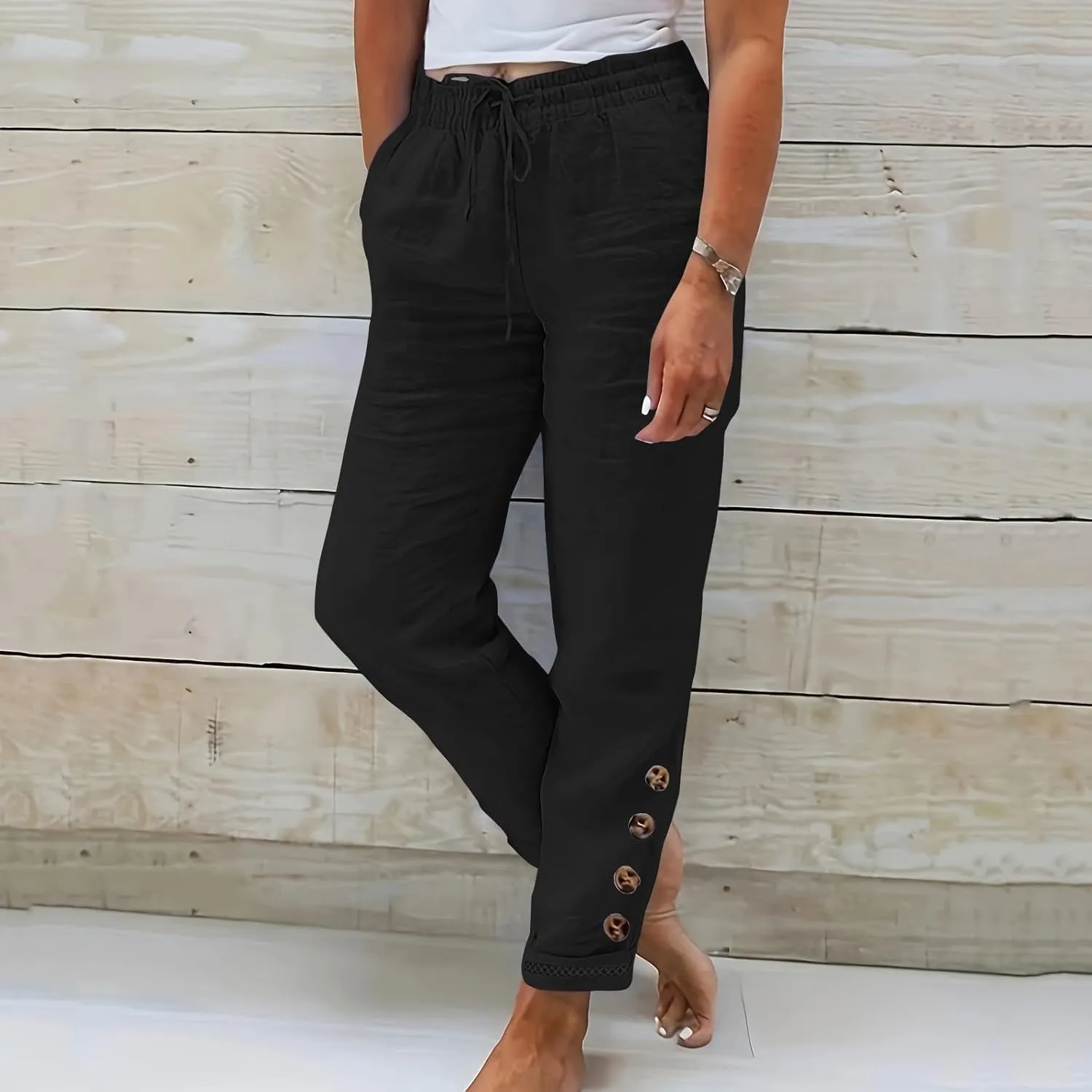 Womens Cotton Linen Cropped Pants 2025 Summer Lounge High Waisted Stretch Capris Drawstring Trousers with Pocket