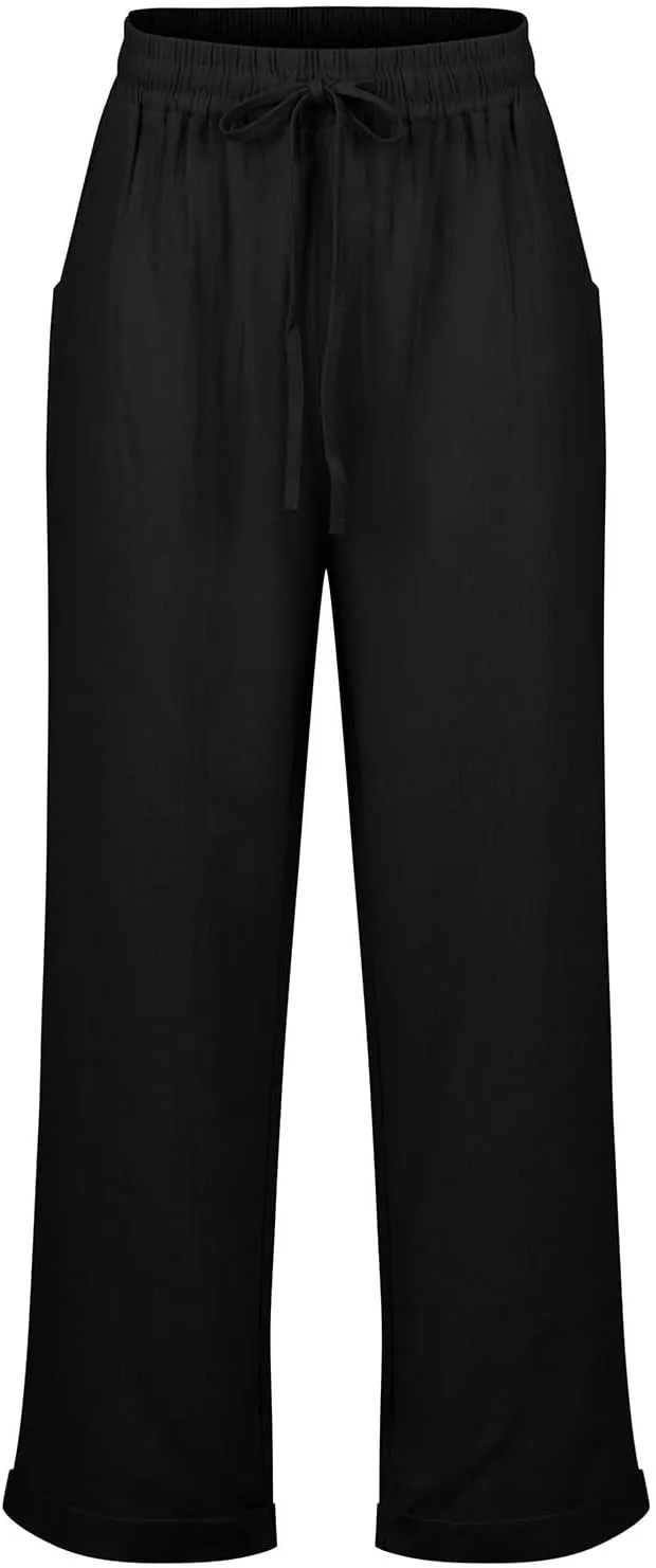 Womens Cotton Linen Cropped Pants 2025 Summer Lounge High Waisted Stretch Capris Drawstring Trousers with Pocket