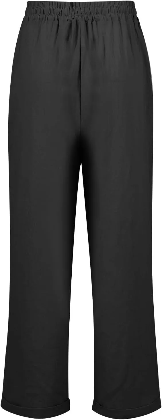 Womens Cotton Linen Cropped Pants 2025 Summer Lounge High Waisted Stretch Capris Drawstring Trousers with Pocket