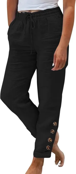 Womens Cotton Linen Cropped Pants 2025 Summer Lounge High Waisted Stretch Capris Drawstring Trousers with Pocket