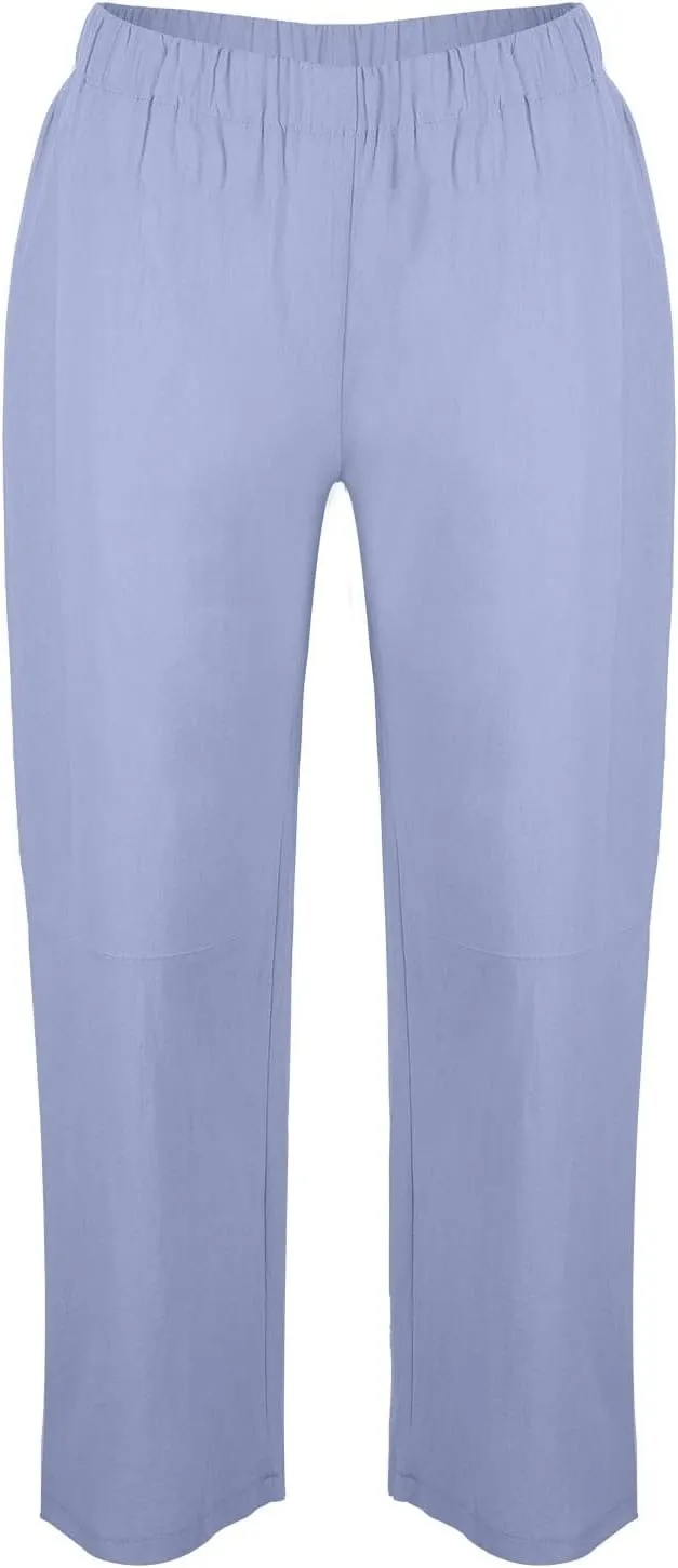 Womens Cotton Linen Harem Pants Solid Color Wide Leg Elastic Waist Casual Loose Cropped Trousers Summer Outdoor Hiking Pants