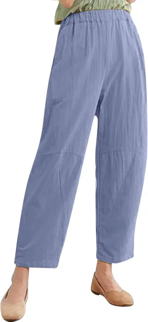 Womens Cotton Linen Harem Pants Solid Color Wide Leg Elastic Waist Casual Loose Cropped Trousers Summer Outdoor Hiking Pants