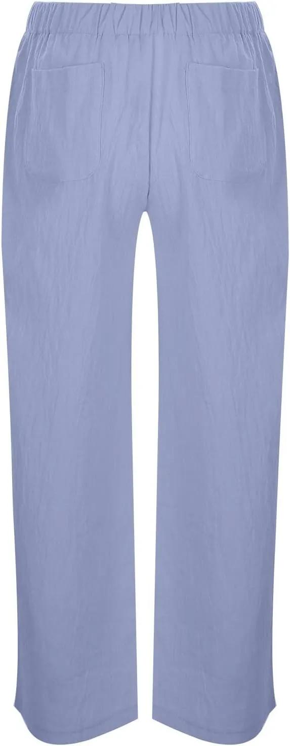 Womens Cotton Linen Harem Pants Solid Color Wide Leg Elastic Waist Casual Loose Cropped Trousers Summer Outdoor Hiking Pants