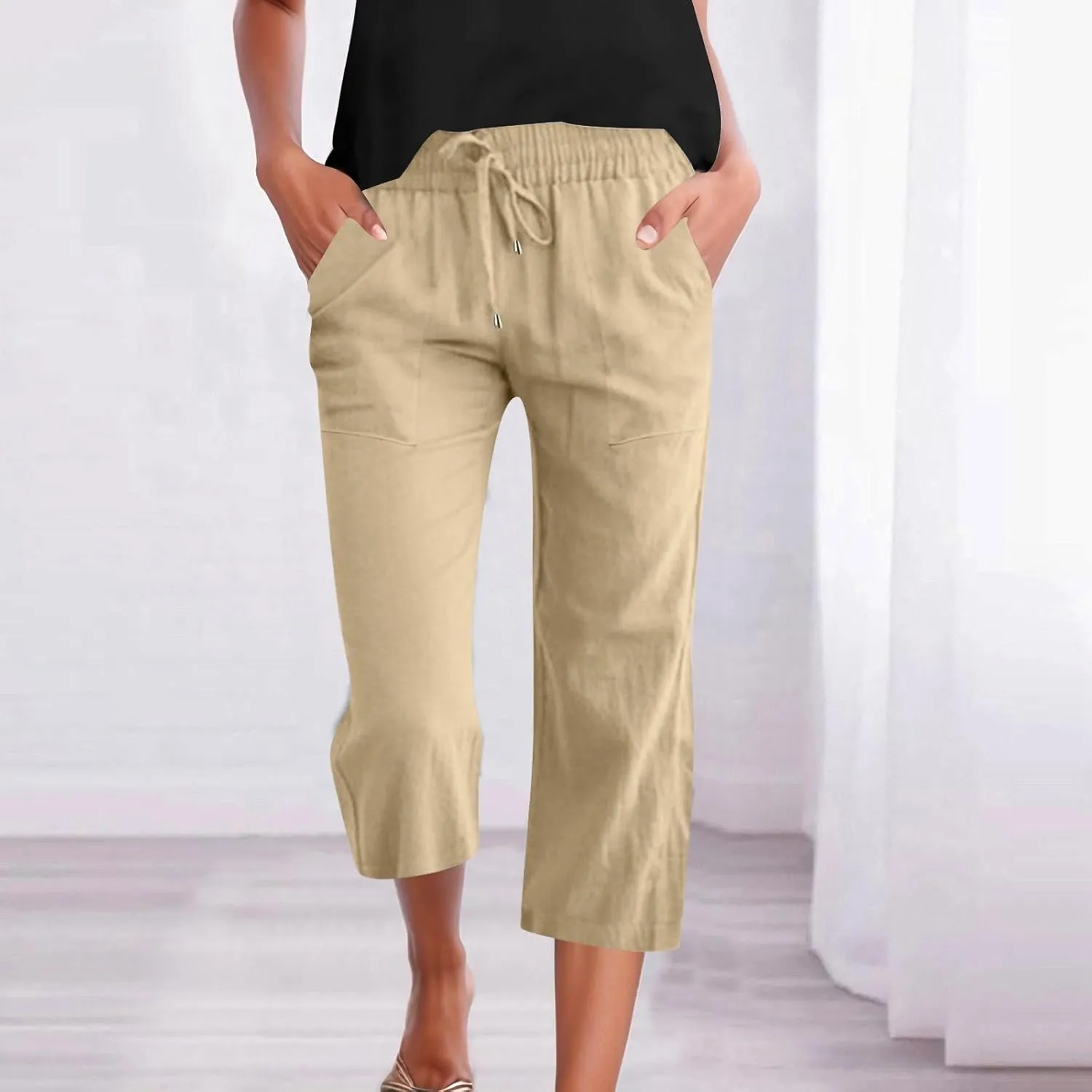 Womens Cotton Linen Palazzo Pants Drawstring High Waist Casual Cropped Trousers Lounge Pants Summer Beach Travel Vacation