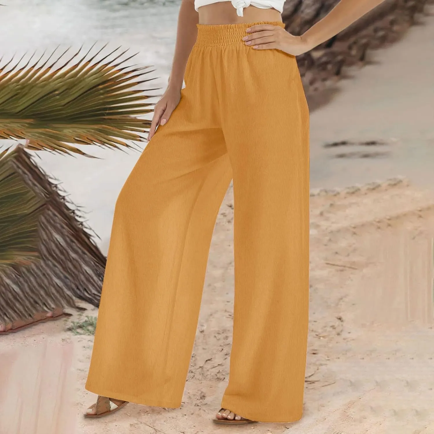 Womens Cotton Linen Palazzo Pants Plus Size High Waist Trousers Fashion Stretchy Wide Leg Pant Straight Pockets Pants