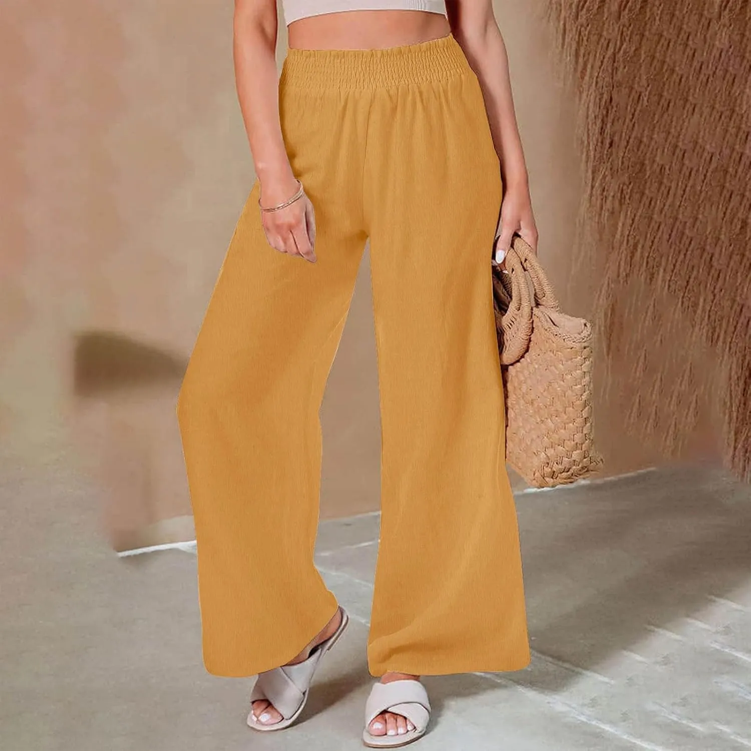 Womens Cotton Linen Palazzo Pants Plus Size High Waist Trousers Fashion Stretchy Wide Leg Pant Straight Pockets Pants