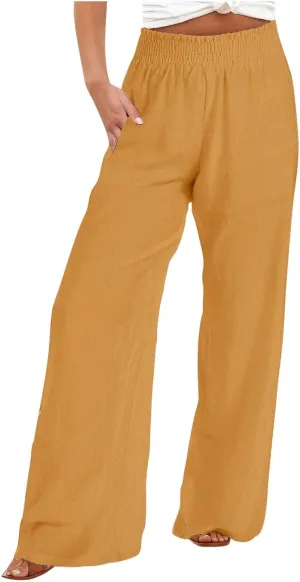Womens Cotton Linen Palazzo Pants Plus Size High Waist Trousers Fashion Stretchy Wide Leg Pant Straight Pockets Pants