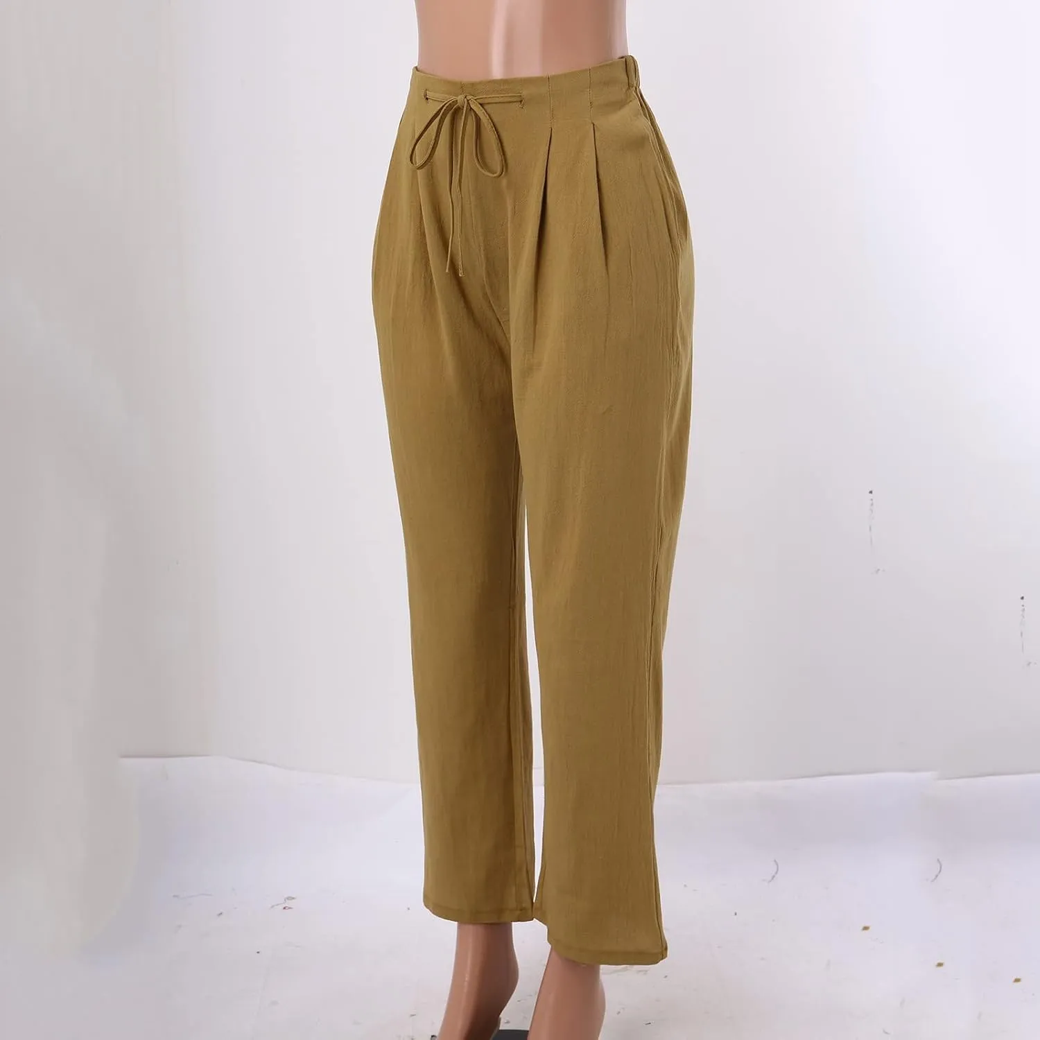 Womens Cotton Linen Pants Drawstring Elastic Waist Wide Leg Loose Fit Summer Trouser Palazzo Beach Pants with Pockets