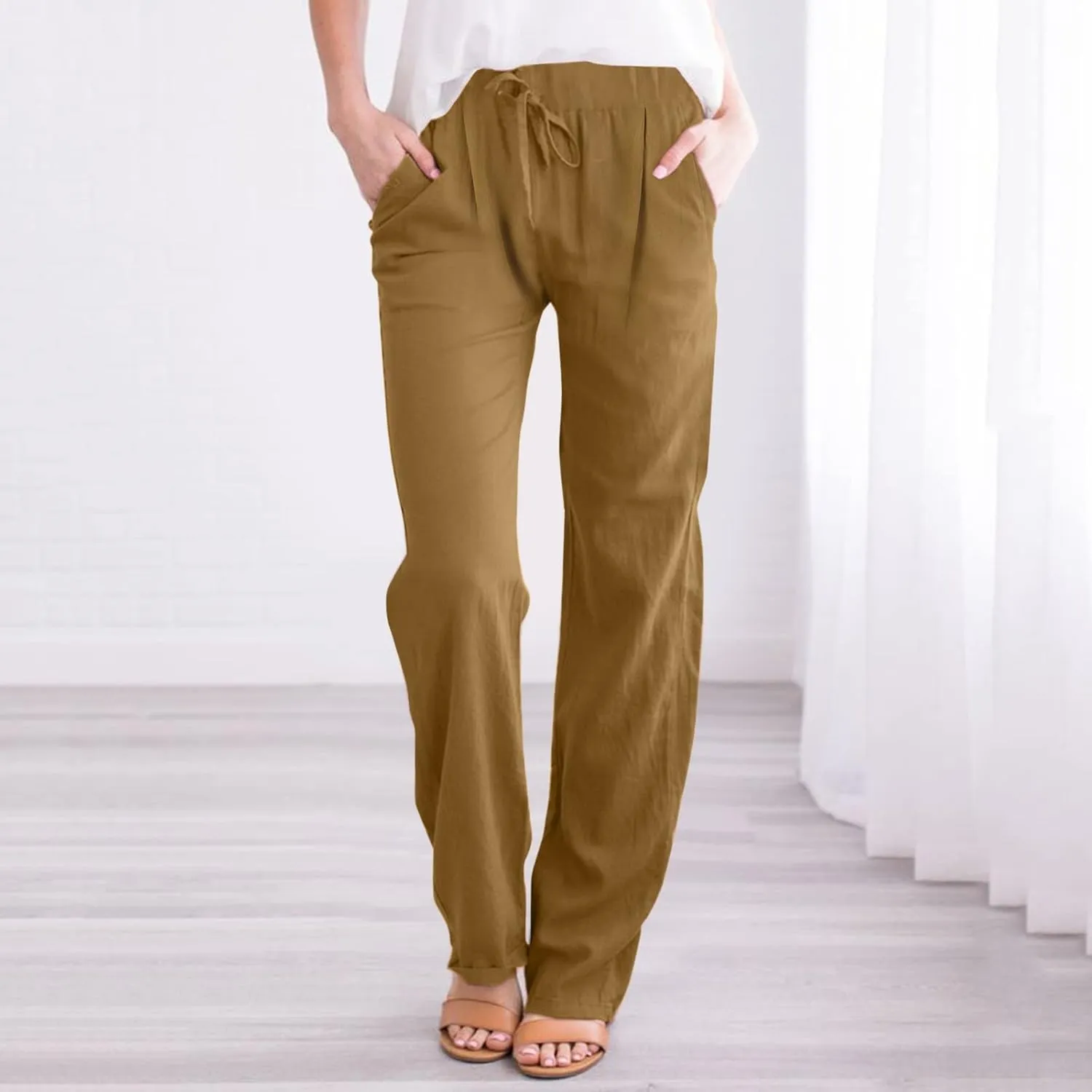 Womens Cotton Linen Pants Drawstring Elastic Waist Wide Leg Loose Fit Summer Trouser Palazzo Beach Pants with Pockets