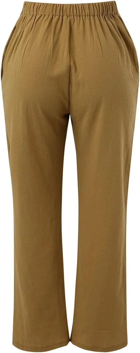 Womens Cotton Linen Pants Drawstring Elastic Waist Wide Leg Loose Fit Summer Trouser Palazzo Beach Pants with Pockets