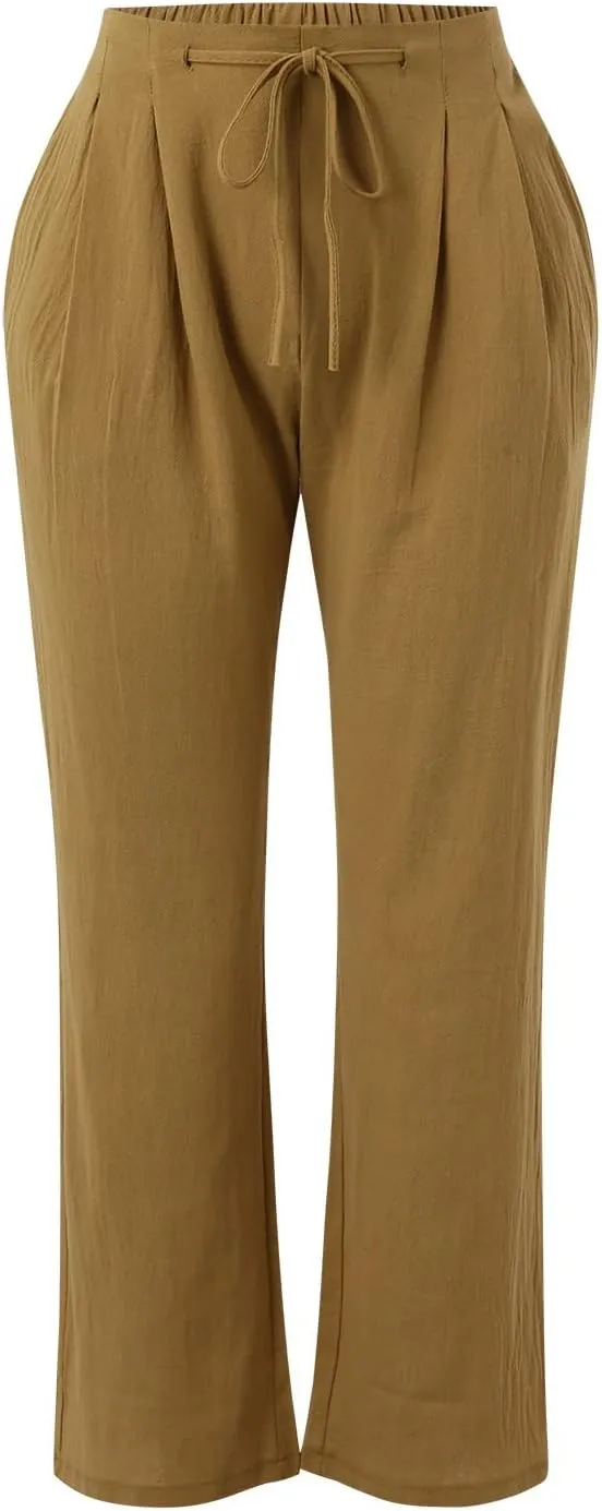 Womens Cotton Linen Pants Drawstring Elastic Waist Wide Leg Loose Fit Summer Trouser Palazzo Beach Pants with Pockets