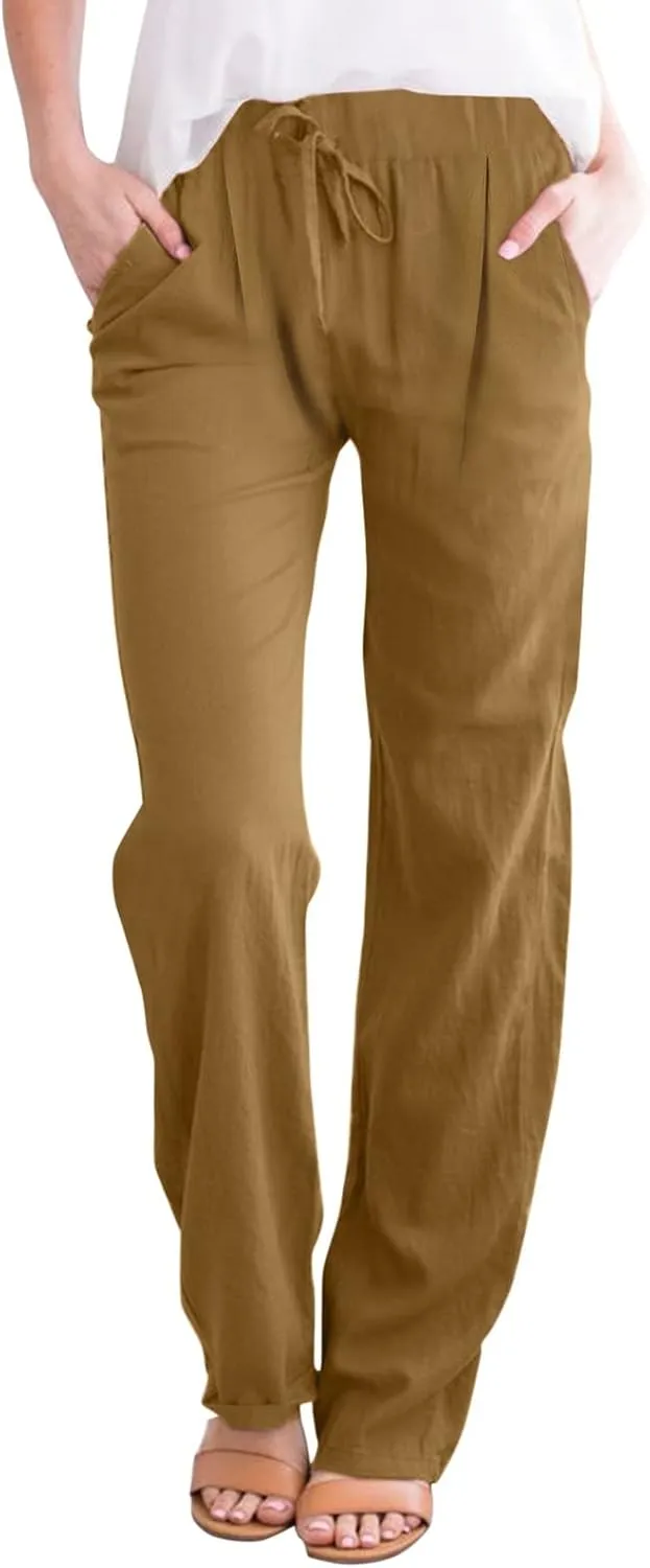 Womens Cotton Linen Pants Drawstring Elastic Waist Wide Leg Loose Fit Summer Trouser Palazzo Beach Pants with Pockets