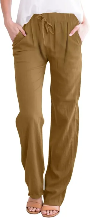 Womens Cotton Linen Pants Drawstring Elastic Waist Wide Leg Loose Fit Summer Trouser Palazzo Beach Pants with Pockets