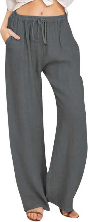 Womens Cotton Linen Pants Elastic High Waisted Palazzo Pants Wide Leg Long Lounge Pant Casual Trousers with Pocket