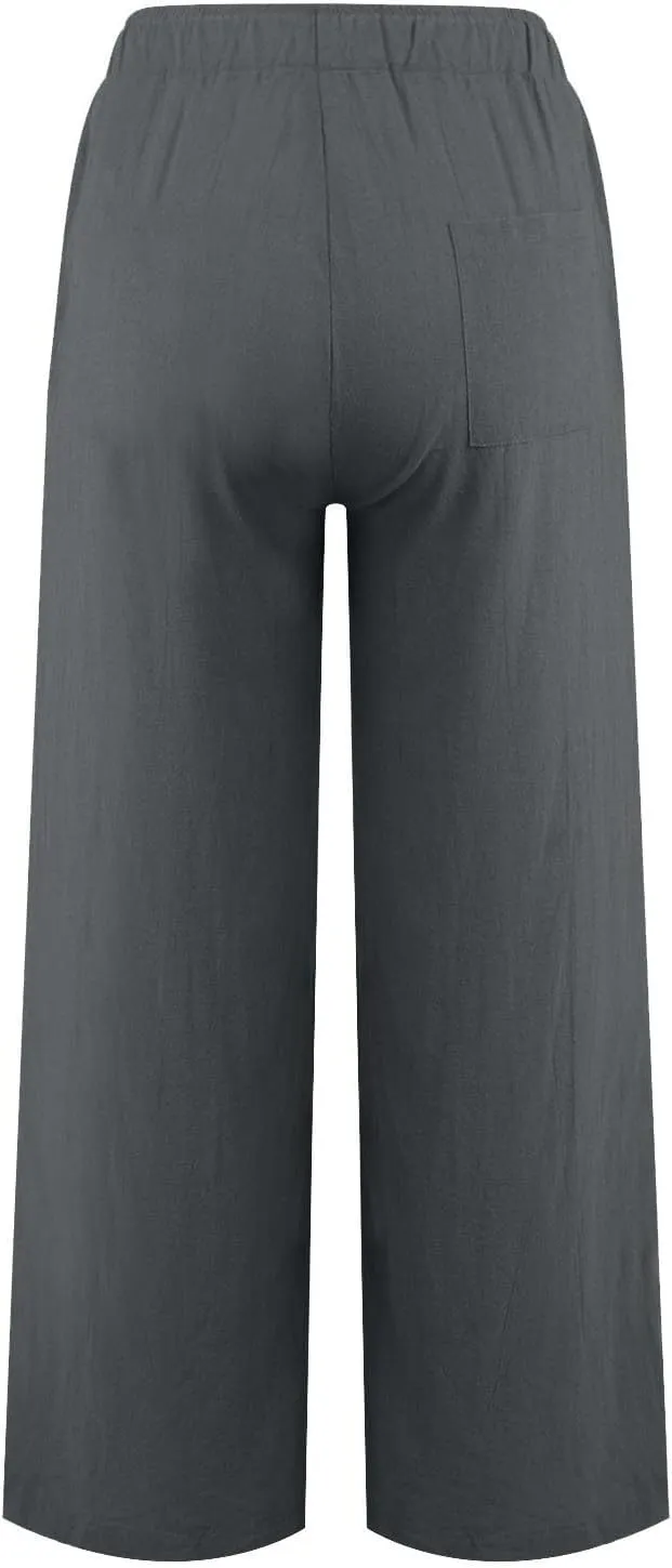 Womens Cotton Linen Pants Elastic High Waisted Palazzo Pants Wide Leg Long Lounge Pant Casual Trousers with Pocket
