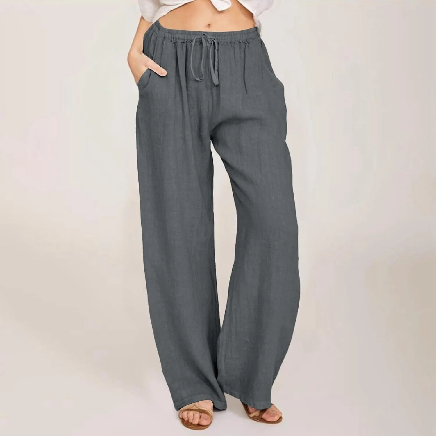 Womens Cotton Linen Pants Elastic High Waisted Palazzo Pants Wide Leg Long Lounge Pant Casual Trousers with Pocket