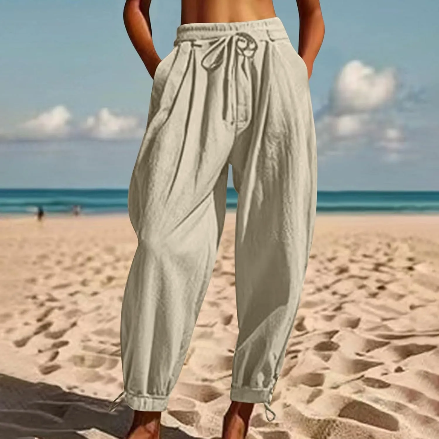 Womens Cotton Linen Pants Patch Pockets Tapered Leg Elastic Waist Long Pant Casual Lightweight Beach Cropped Trousers