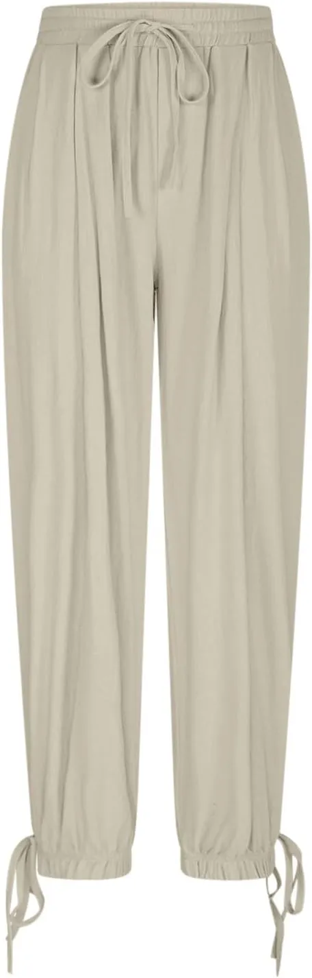 Womens Cotton Linen Pants Patch Pockets Tapered Leg Elastic Waist Long Pant Casual Lightweight Beach Cropped Trousers