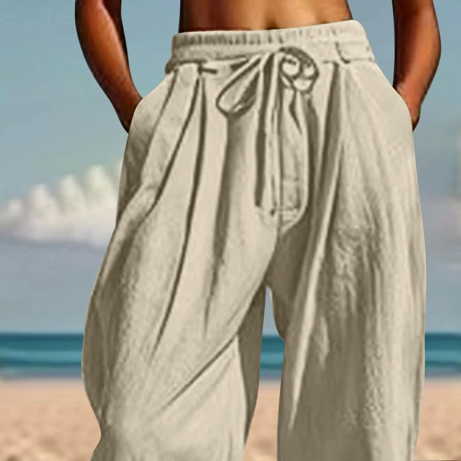 Womens Cotton Linen Pants Patch Pockets Tapered Leg Elastic Waist Long Pant Casual Lightweight Beach Cropped Trousers