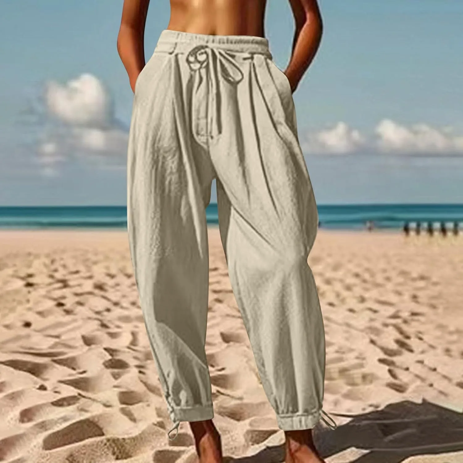 Womens Cotton Linen Pants Patch Pockets Tapered Leg Elastic Waist Long Pant Casual Lightweight Beach Cropped Trousers