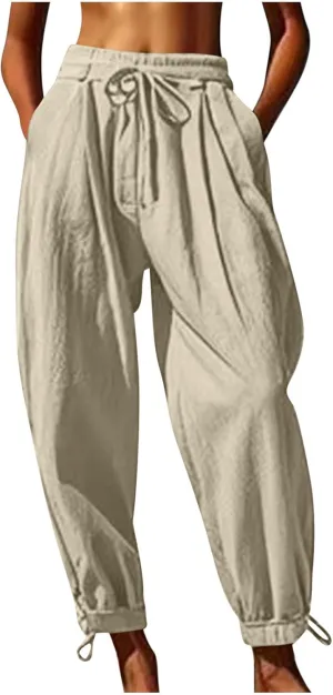 Womens Cotton Linen Pants Patch Pockets Tapered Leg Elastic Waist Long Pant Casual Lightweight Beach Cropped Trousers