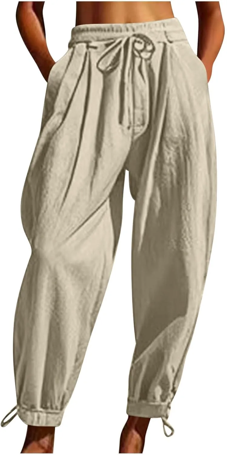 Womens Cotton Linen Pants Patch Pockets Tapered Leg Elastic Waist Long Pant Casual Lightweight Beach Cropped Trousers