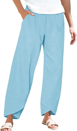 Women's Cotton Linen Pants Summer 2025 Casual Capri Pants with Pockets Cropped High Waisted Comfy Baggy Trousers