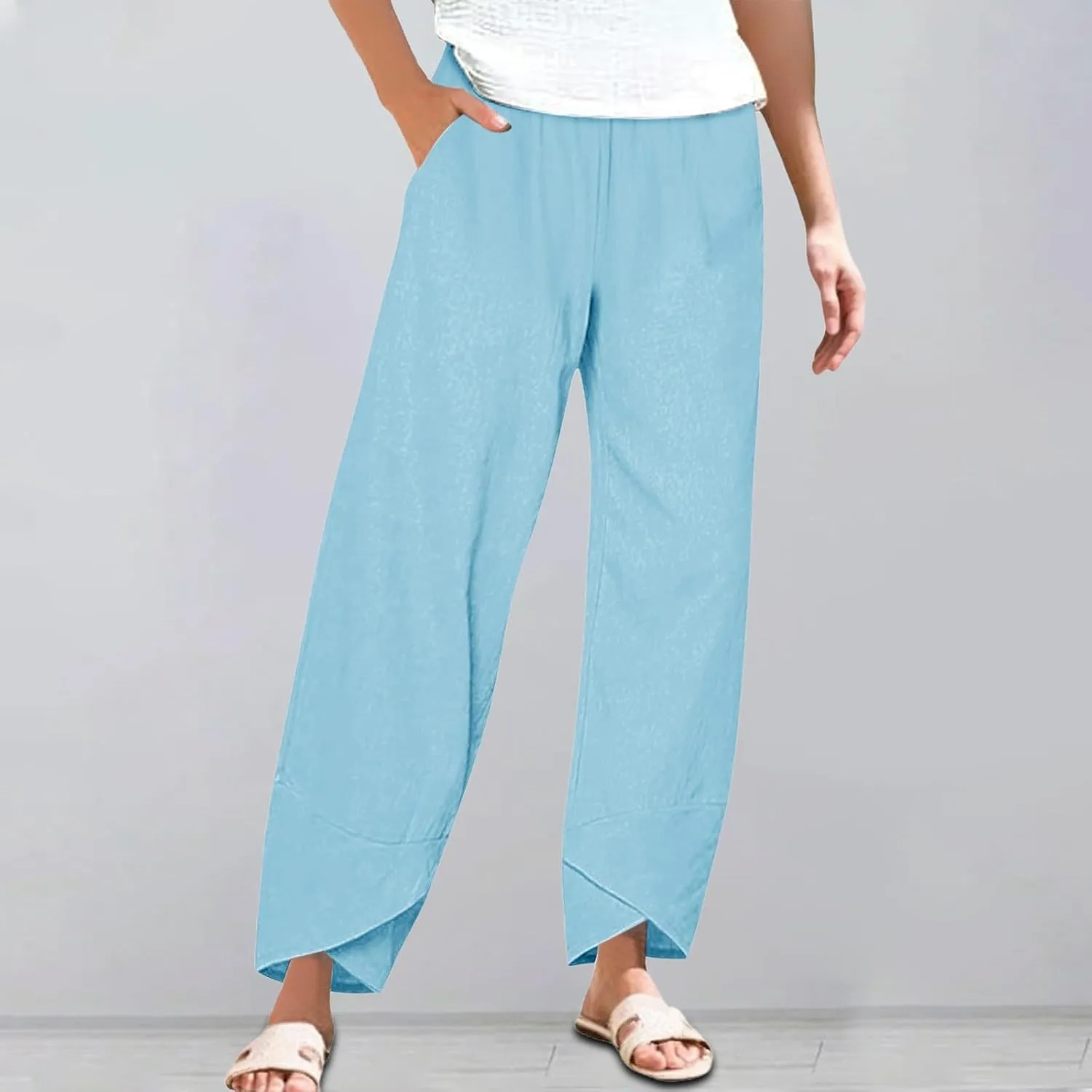 Women's Cotton Linen Pants Summer 2025 Casual Capri Pants with Pockets Cropped High Waisted Comfy Baggy Trousers