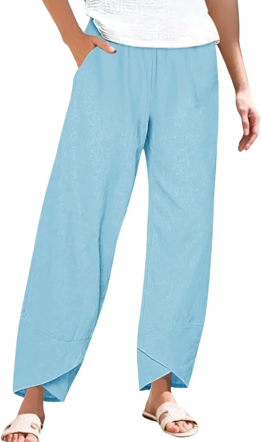 Women's Cotton Linen Pants Summer 2025 Casual Capri Pants with Pockets Cropped High Waisted Comfy Baggy Trousers