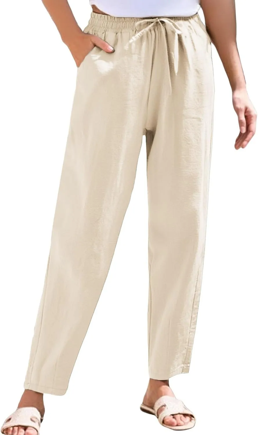 Womens Cotton Linen Pants with Pockets Drawstring Casual Summer Straight Leg Pants Lounge Baggy Beach Pants