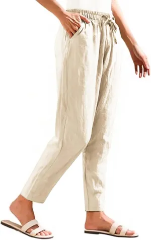 Womens Cotton Linen Pants with Pockets Drawstring Casual Summer Straight Leg Pants Lounge Baggy Beach Pants