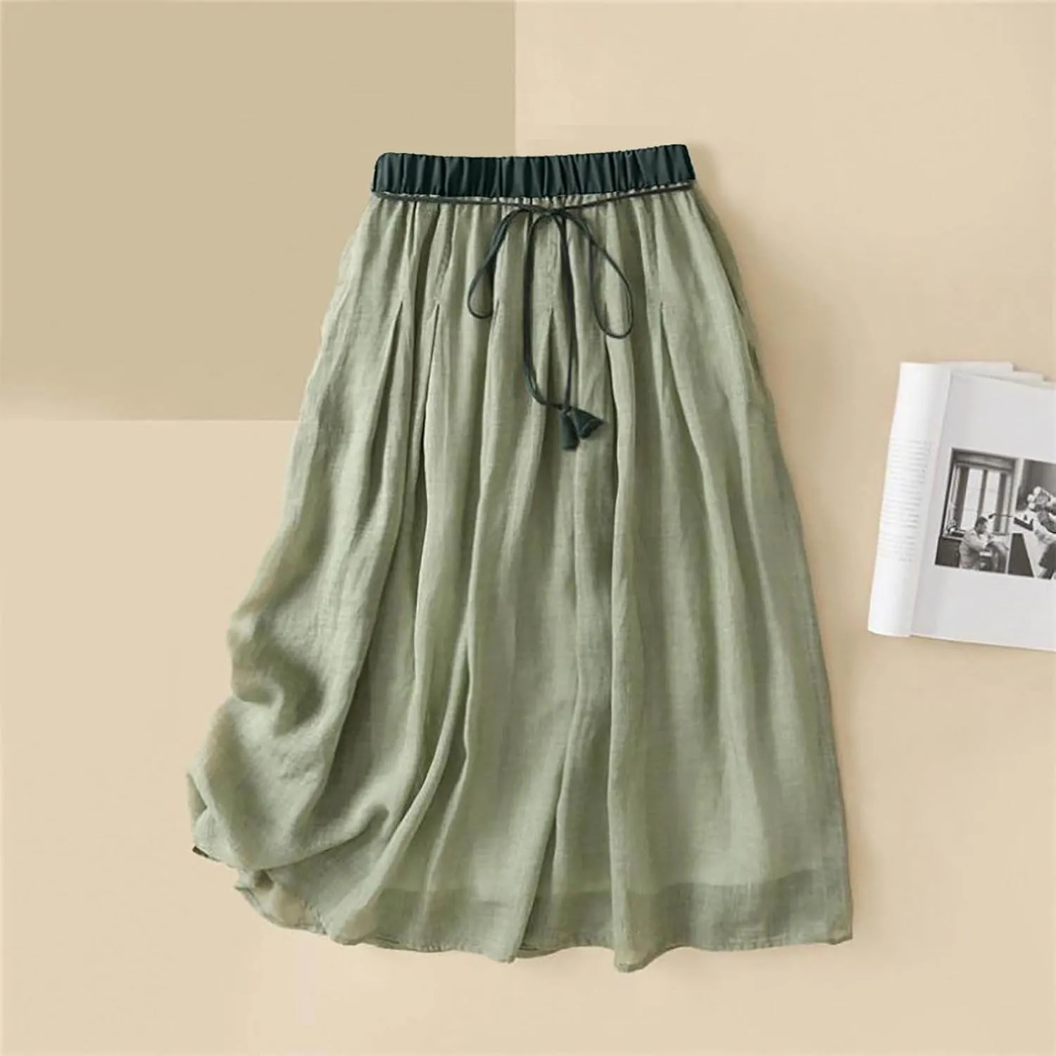 Women's Cotton Linen Skirt Drawstring Waist A Line Beach Flowy Long Skirts Summer Bohemian Double Layer Midi Skirts