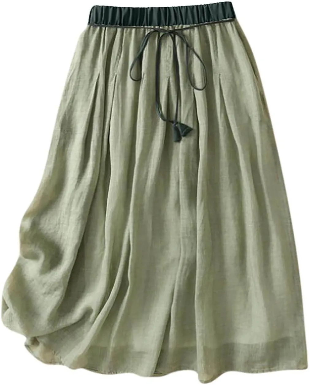 Women's Cotton Linen Skirt Drawstring Waist A Line Beach Flowy Long Skirts Summer Bohemian Double Layer Midi Skirts