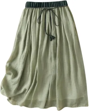 Women's Cotton Linen Skirt Drawstring Waist A Line Beach Flowy Long Skirts Summer Bohemian Double Layer Midi Skirts