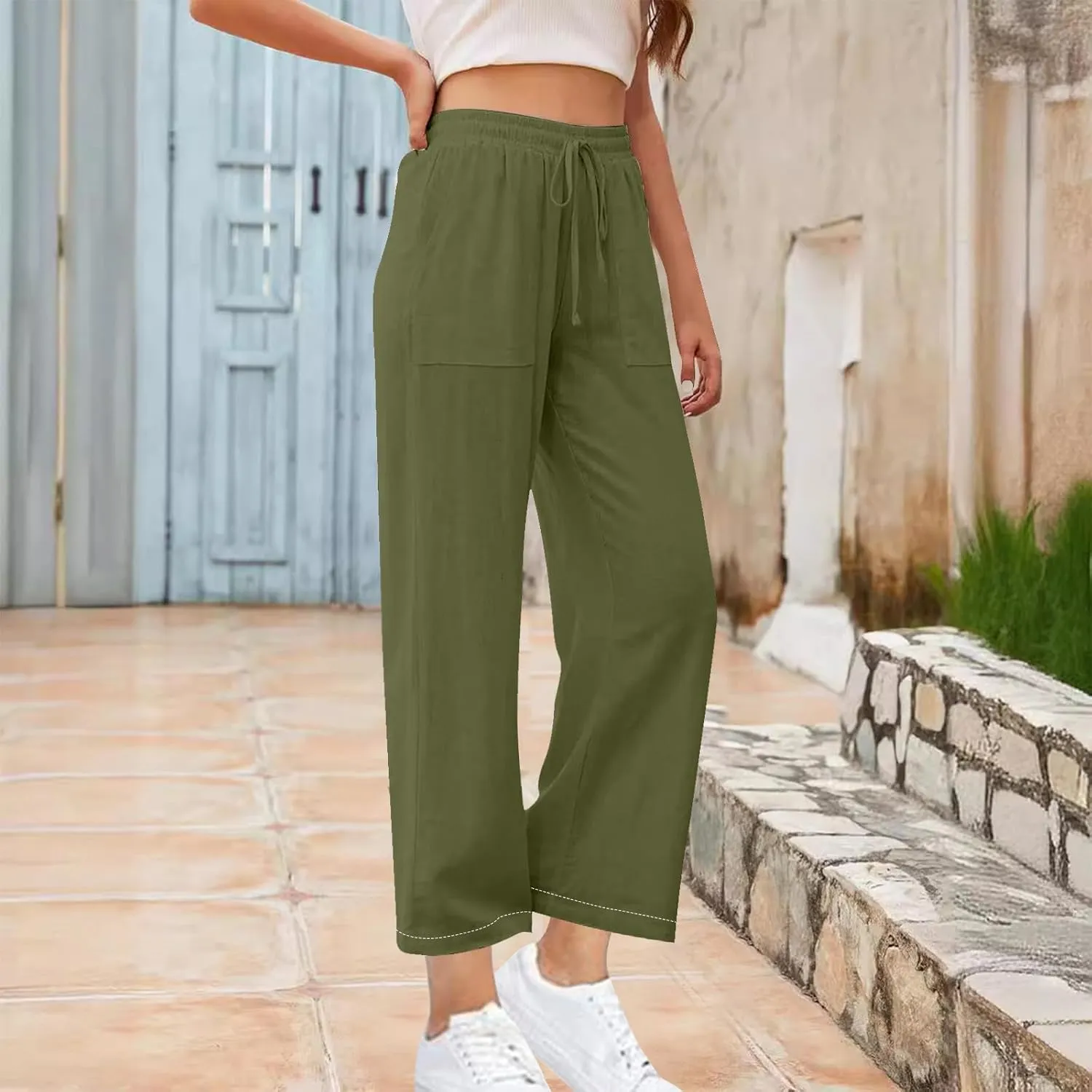 Women's Cotton Linen Straight Leg Pants Drawstring Business Casual Pant Wedding Guest Comfy Trousers Vacation Clothes