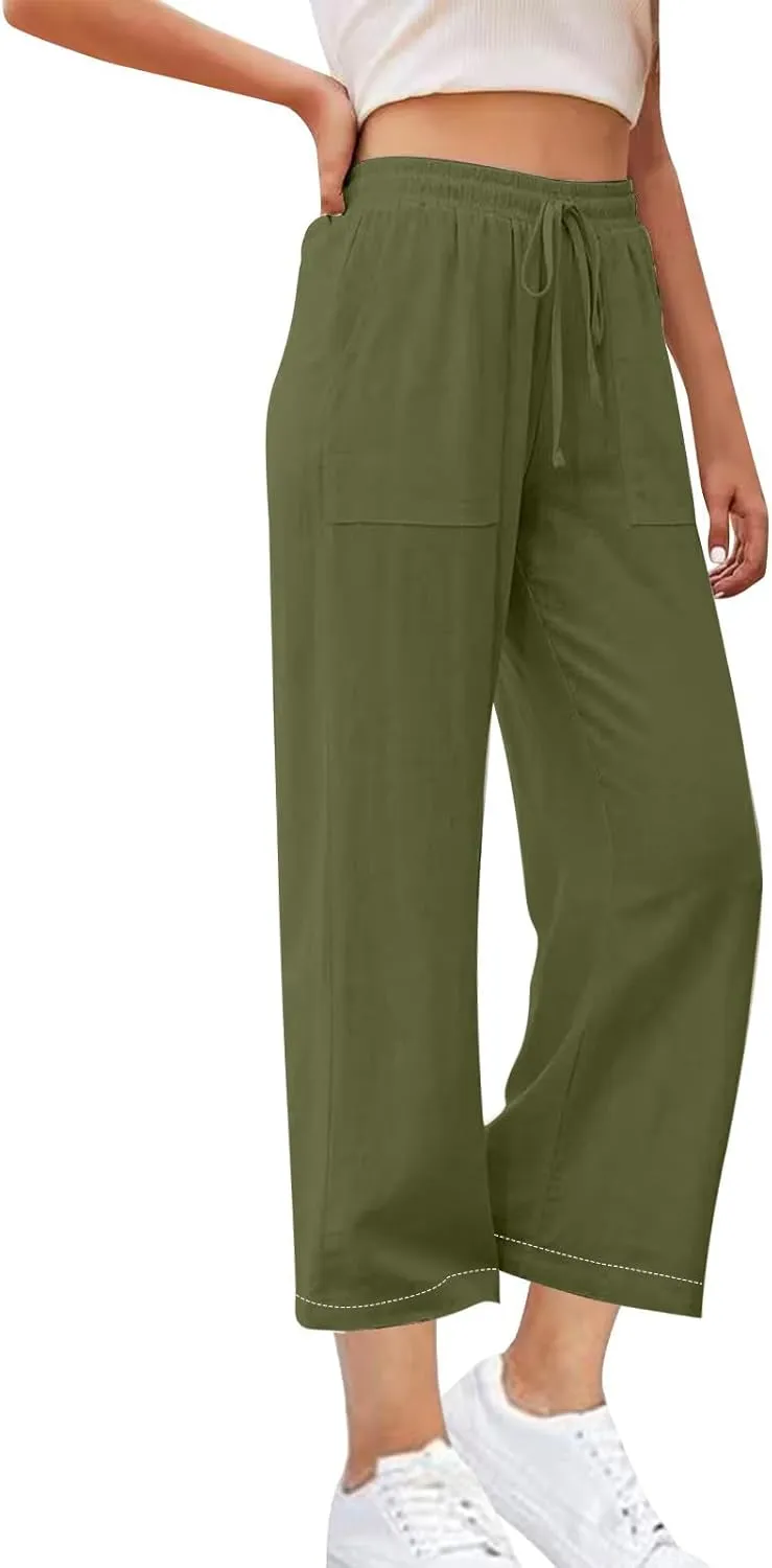 Women's Cotton Linen Straight Leg Pants Drawstring Business Casual Pant Wedding Guest Comfy Trousers Vacation Clothes