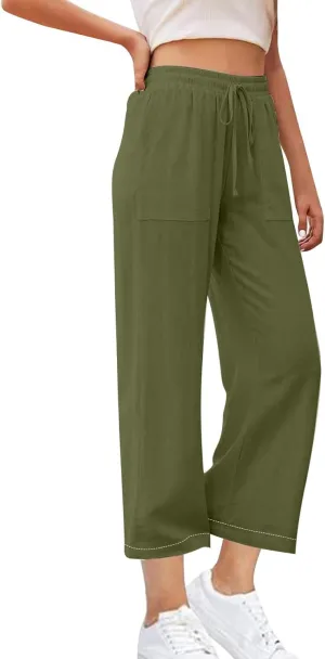 Women's Cotton Linen Straight Leg Pants Drawstring Business Casual Pant Wedding Guest Comfy Trousers Vacation Clothes