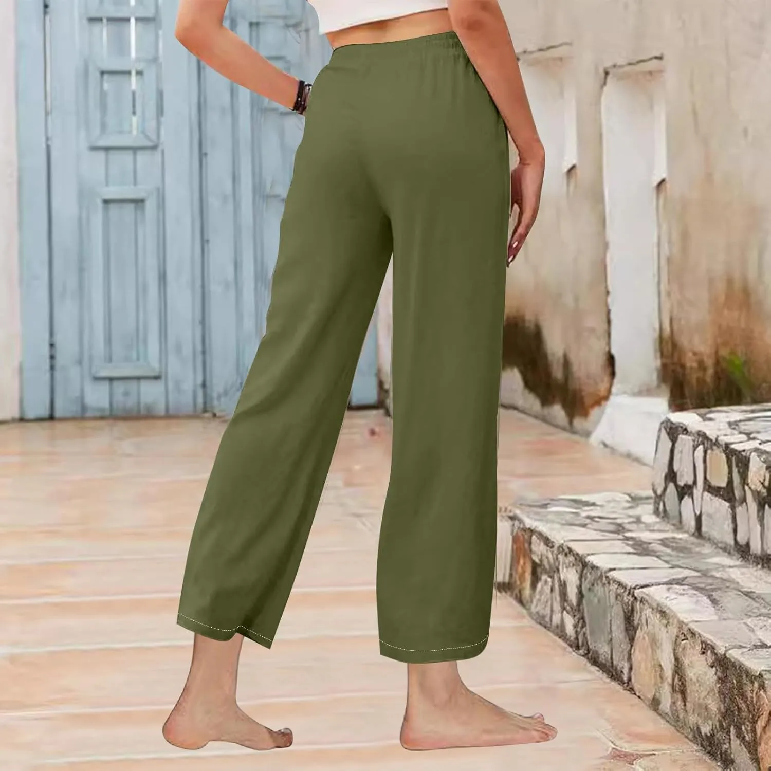 Women's Cotton Linen Straight Leg Pants Drawstring Business Casual Pant Wedding Guest Comfy Trousers Vacation Clothes