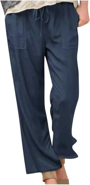 Women's Cotton Linen Straight Leg Pants Summer Casual Drawstring Pant Pockets Beach Vacation Trousers Comfy Clothing