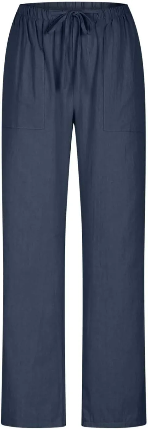 Women's Cotton Linen Straight Leg Pants Summer Casual Drawstring Pant Pockets Beach Vacation Trousers Comfy Clothing