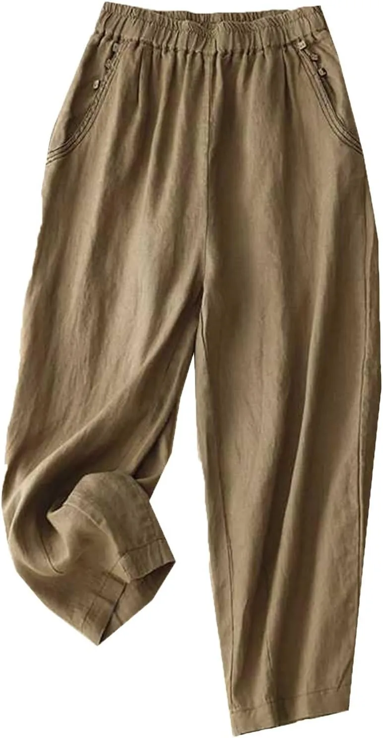 Womens Cotton Linen Trousers, 2025 Summer Beach Palazzo Pants Flowy Drawstring Elastic Waist Wide Leg Lounge Slacks