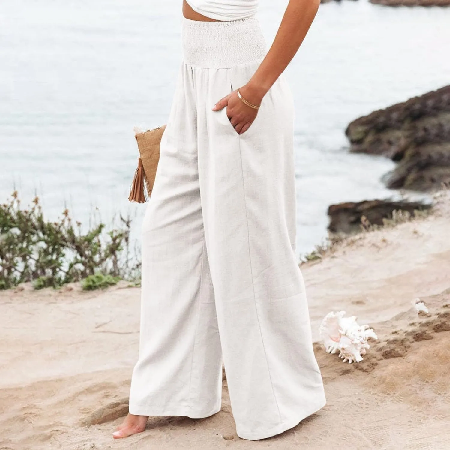 Womens Cotton Linen Wide Leg Pants Summer Lightweight High Waist Palazzo Pant Beach Flowy Button Trouser with Pocket